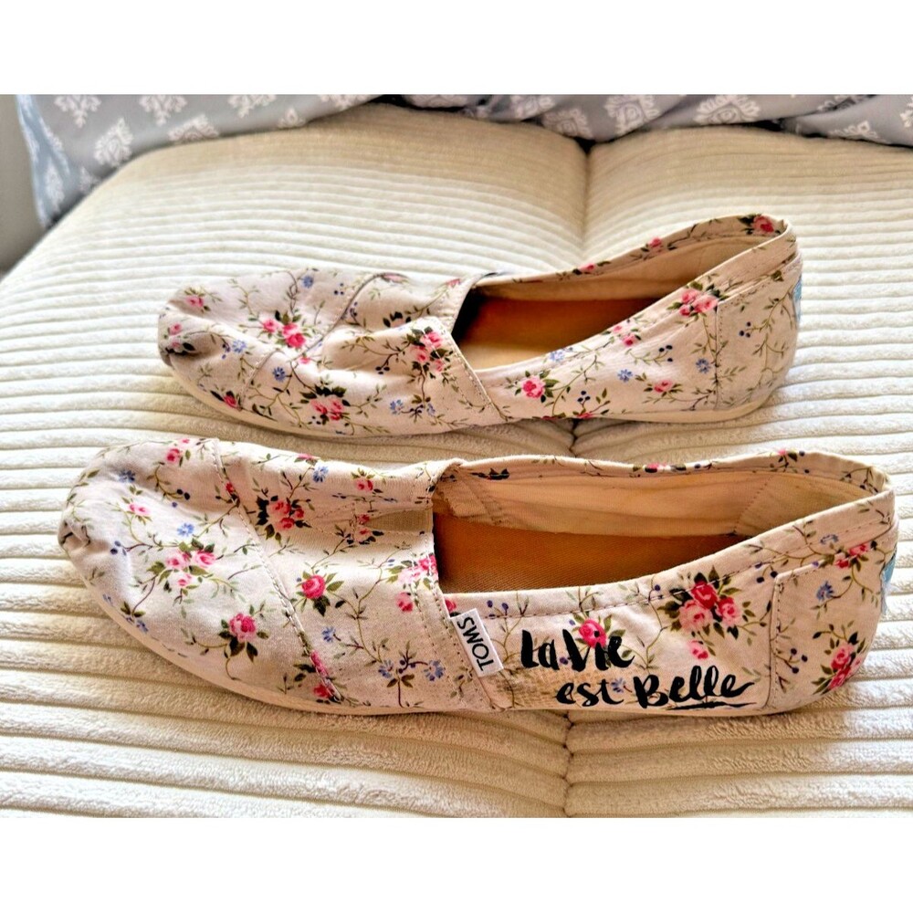 Toms Life Is Beautiful Floral Rose Print Canvas Slip On Shoes Size 9 Women’s